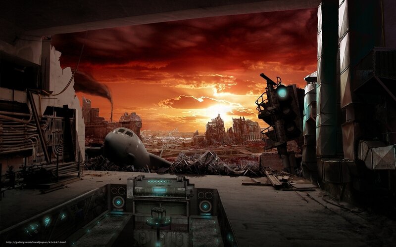 Ruined Cityscape at Sunset — Red