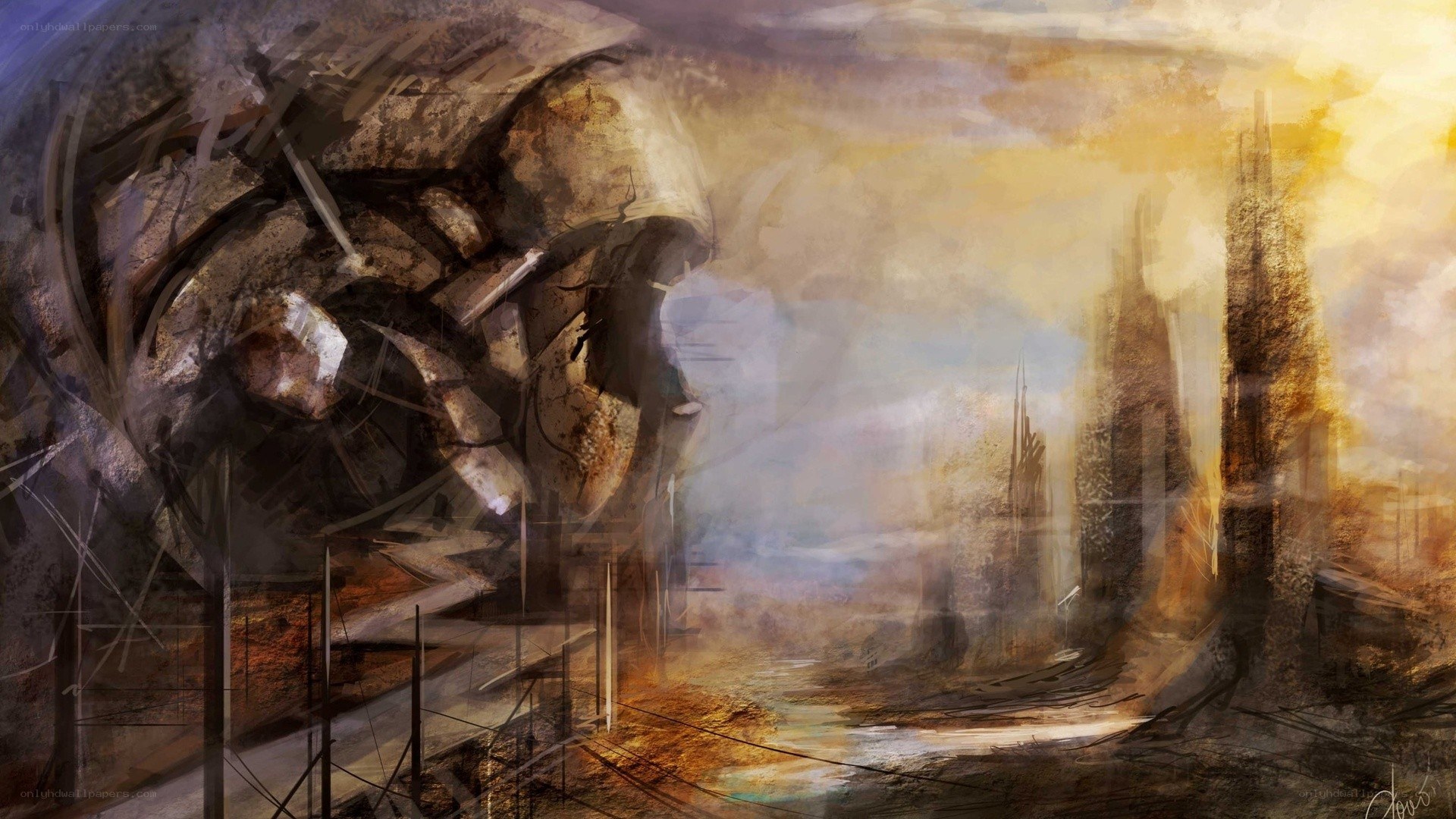 ruined cityscape at sunset
