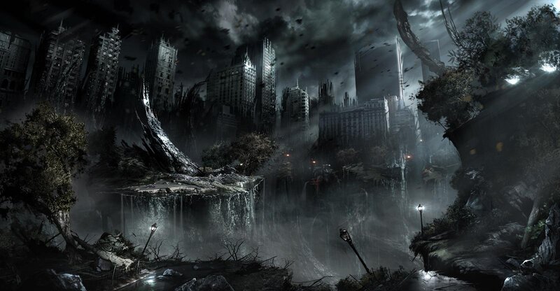 Ruined Cityscape — Black, Dark, Night, Digital Art