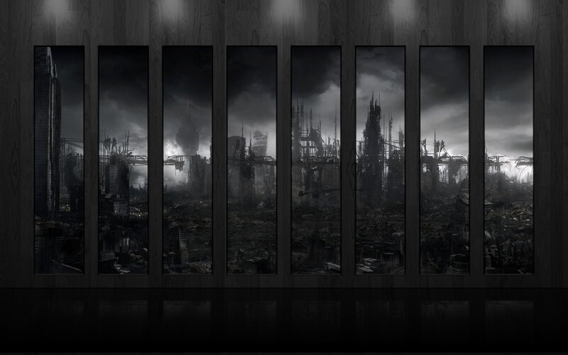 Ruined Cityscape — Black, Dramatic, Night, Digital Art, Skyscrapers, Debris