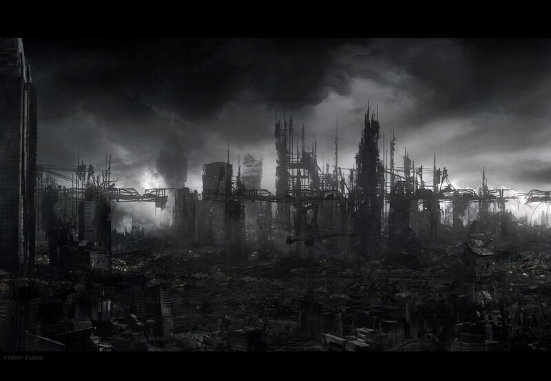 Ruined Cityscape — Black, Dramatic, Night, Digital Art