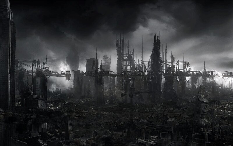 Ruined Cityscape — Black, Dramatic, Night