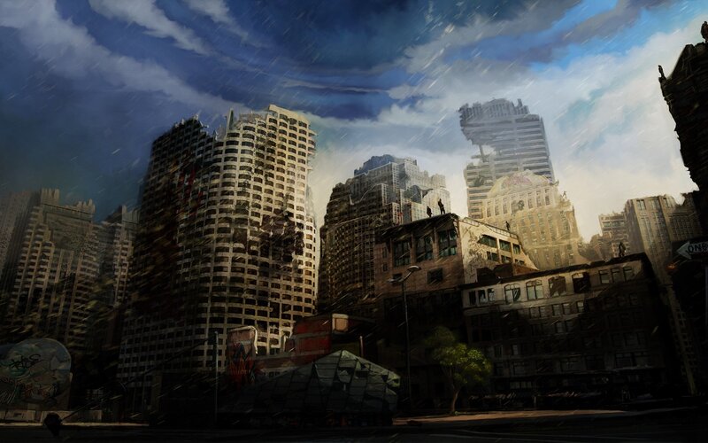 Ruined Cityscape — Blue, Dramatic, Afternoon, Digital Art