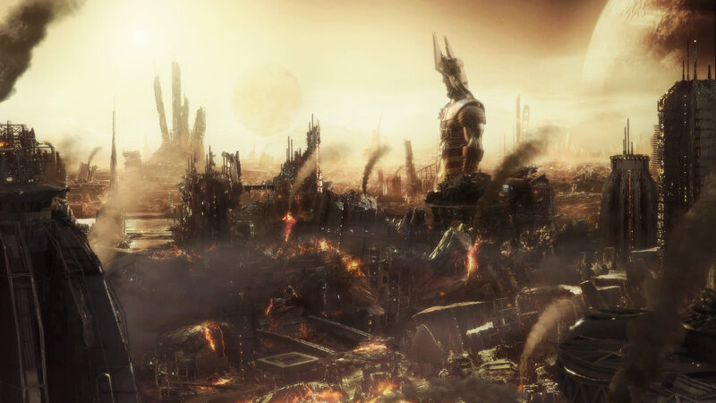 Ruined Cityscape — Brown, Apocalyptic, Sunset, Digital Art, Statue