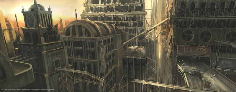 Ruined Cityscape — Brown, Dramatic, Sunset, Digital Art, Clock Tower