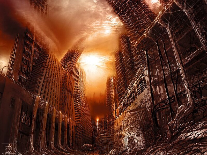 Ruined Cityscape — Brown, Dramatic, Sunset, Digital Art, Skyscrapers
