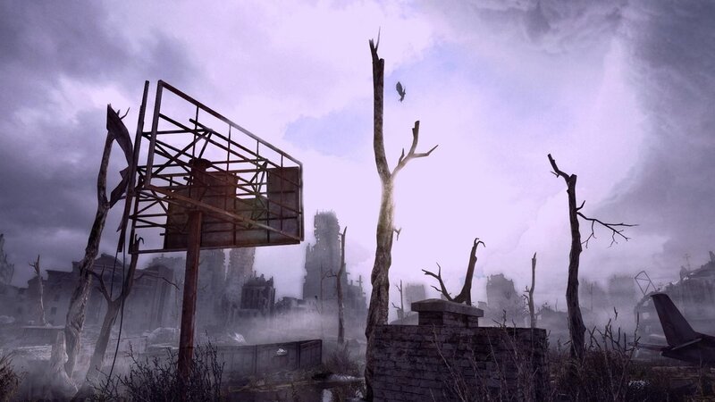 Ruined Cityscape — Gray, Apocalyptic, Digital Art, Dead Trees