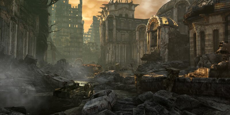 Ruined Cityscape — Gray, Apocalyptic, Sunset