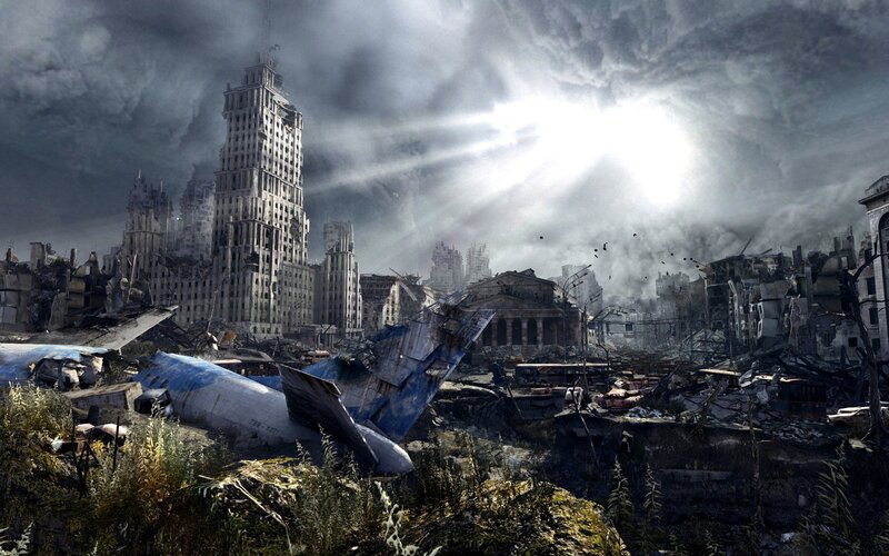 Ruined Cityscape — Gray, Dramatic, Afternoon, Digital Art, Airplane Wreckage