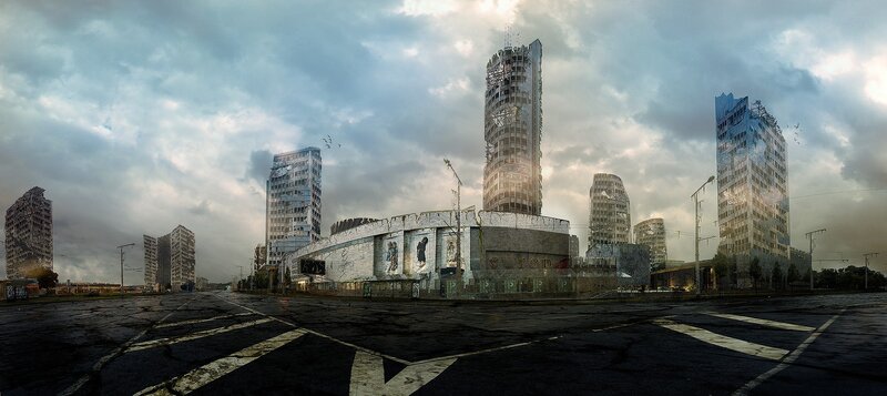 Ruined Cityscape — Gray, Dramatic, Afternoon, Digital Art, Skyscrapers, Street