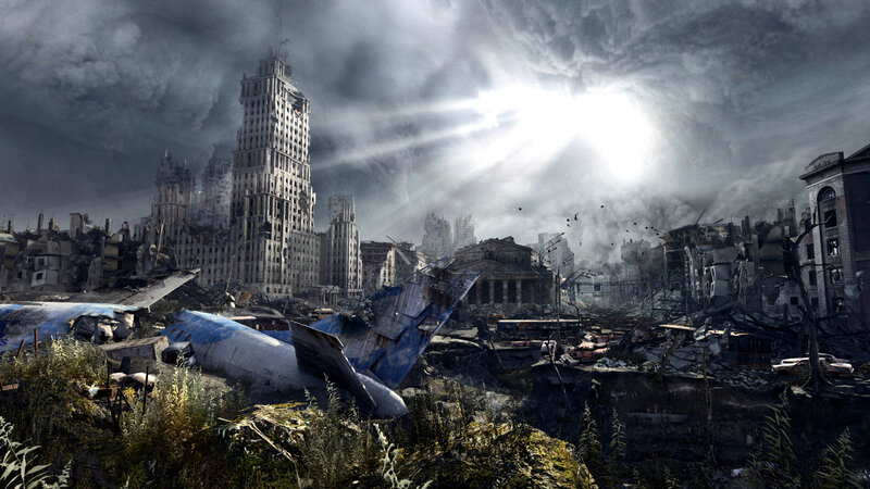 Ruined Cityscape — Gray, Dramatic, Digital Art, Airplane Wreckage