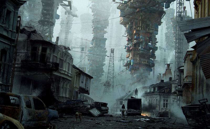 Ruined Cityscape — Gray, Dramatic, Digital Art, Buildings, Cranes
