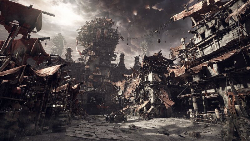 Ruined Cityscape — Gray, Dramatic, Digital Art, Buildings, Debris, Sky