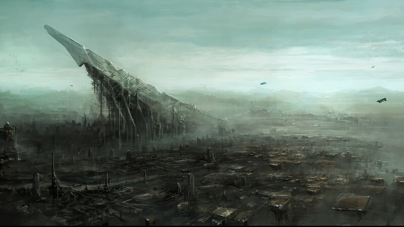 Ruined Cityscape — Gray, Dramatic, Digital Art, Flying Ships