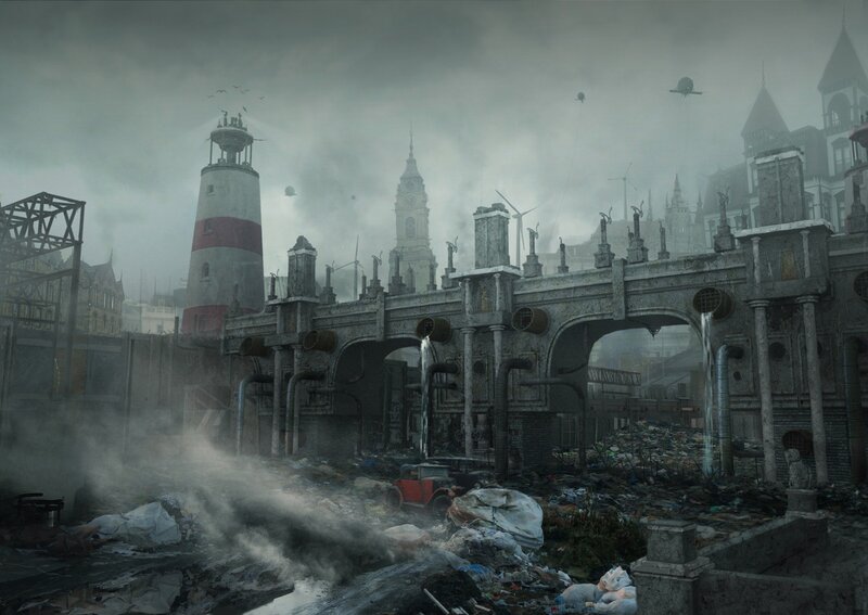 Ruined Cityscape — Gray, Dramatic, Digital Art, Lighthouse