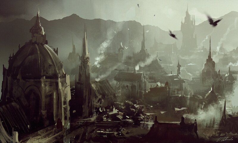 Ruined Cityscape — Gray, Dramatic, Digital Art, Mountains