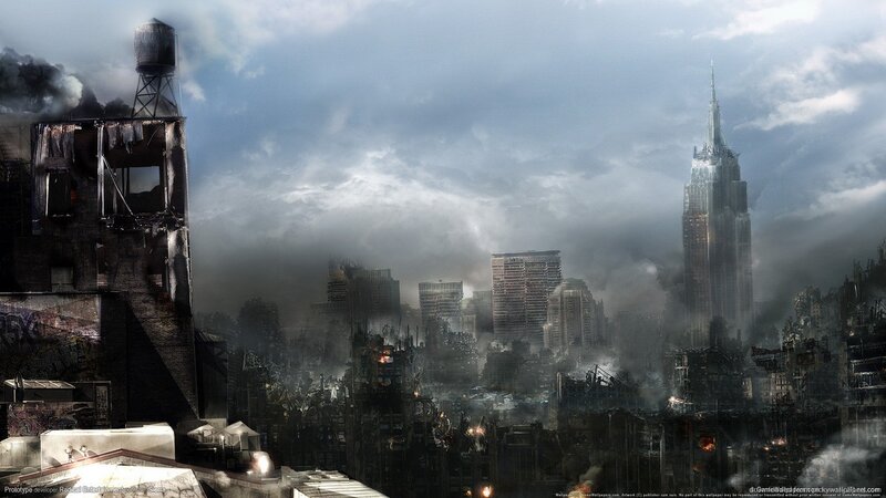 Ruined Cityscape — Gray, Dramatic, Digital Art, Skyscraper, Smoke, Debris