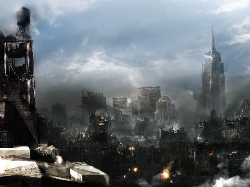 Ruined Cityscape — Gray, Dramatic, Digital Art, Skyscraper, Smoke, Debris, Water Tower