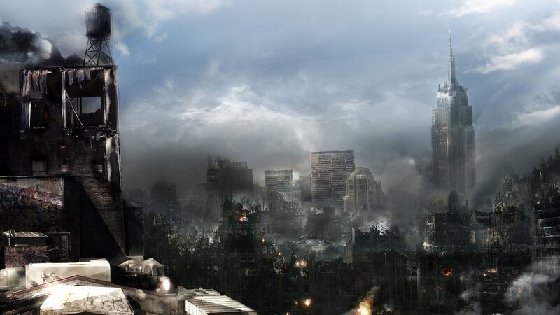 Ruined Cityscape — Gray, Dramatic, Digital Art, Skyscraper, Smoke