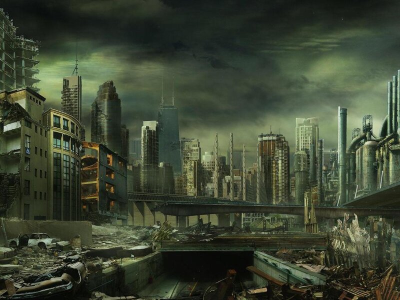 Ruined Cityscape — Gray, Dramatic, Digital Art