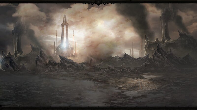 Ruined Cityscape — Gray, Dramatic, Digital Art, Towers, Smoke