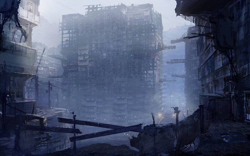 Ruined Cityscape — Gray, Dramatic, Night, Digital Art, Buildings, Debris, Fog