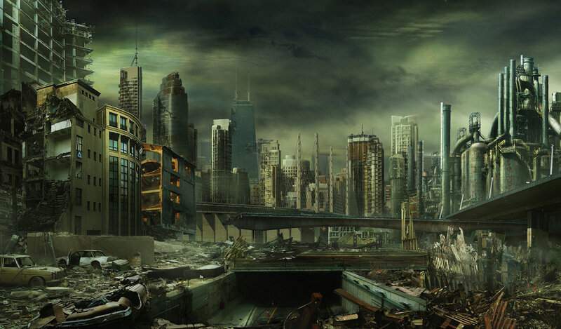 Ruined Cityscape — Gray, Dramatic, Night, Digital Art, Buildings, Debris