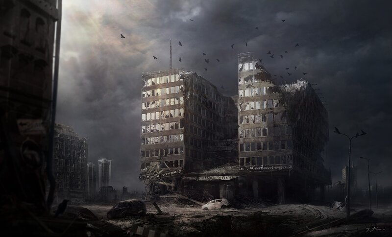 Ruined Cityscape — Gray, Dramatic, Night, Digital Art, Buildings