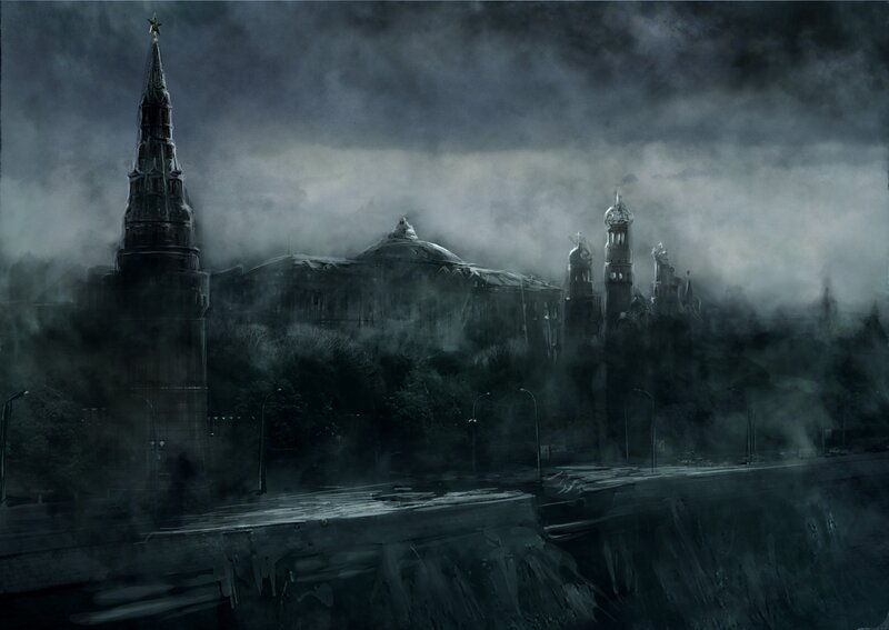Ruined Cityscape — Gray, Dramatic, Night, Digital Art, Tower