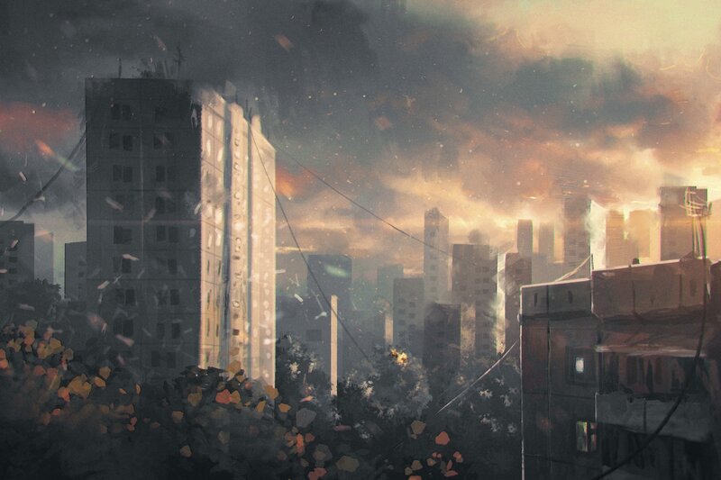 Ruined Cityscape — Gray, Dramatic, Sunset, Digital Art, Buildings