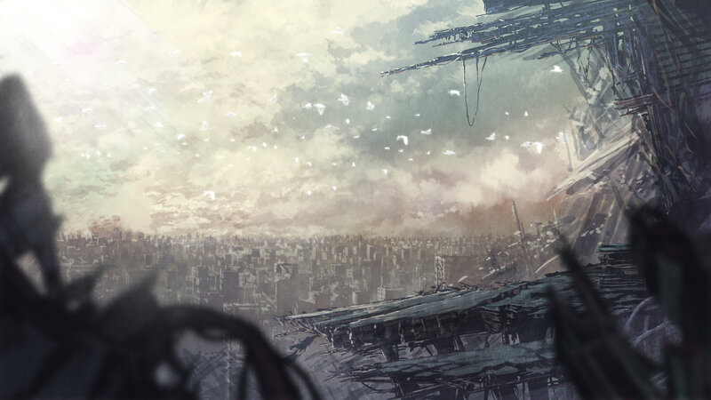 Ruined Cityscape — Gray, Dramatic, Sunset, Digital Art