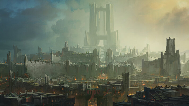 Ruined Cityscape — Gray, Dramatic, Sunset, Digital Art, Towers
