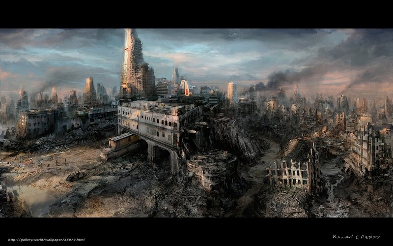 Ruined Cityscape — Gray, Dramatic, Sunset