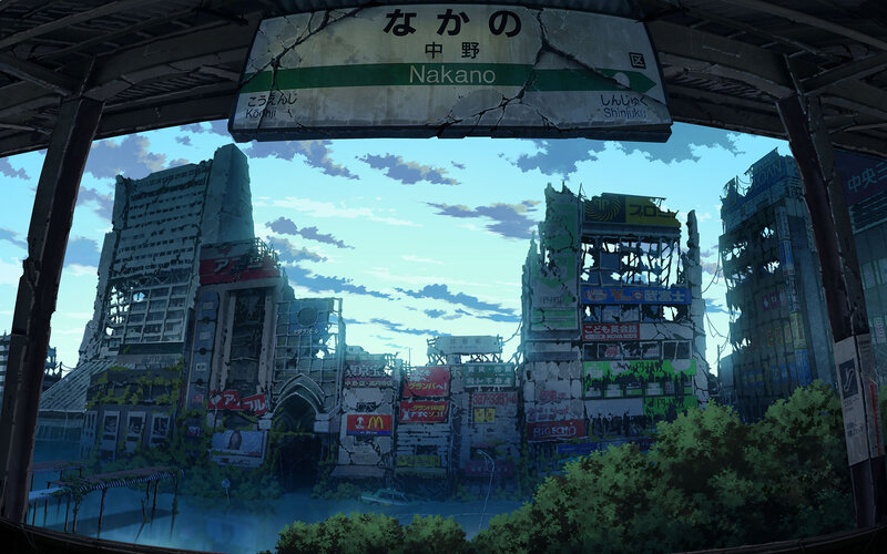 Ruined Cityscape — Green, Dramatic, Afternoon, Anime