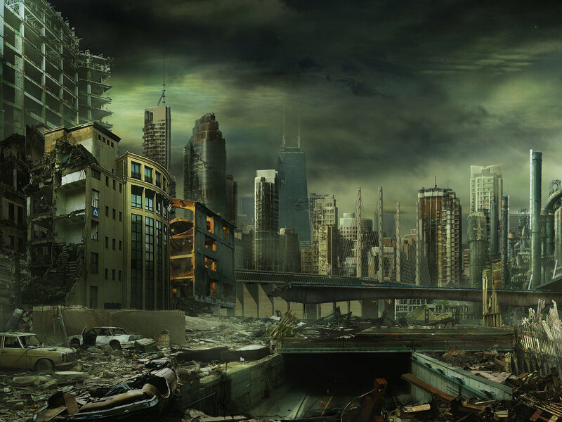 Ruined Cityscape — Green, Dramatic, Night, Digital Art
