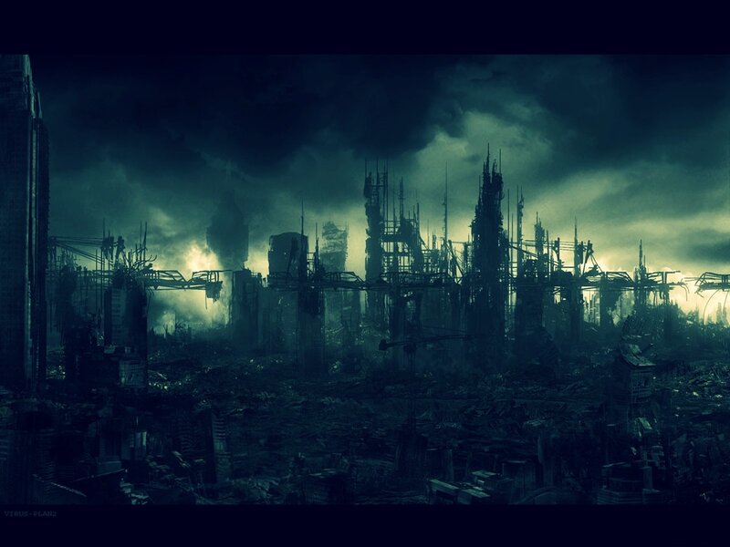 Ruined Cityscape — Green, Dramatic, Night