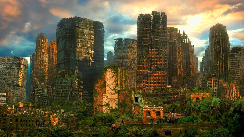 Ruined Cityscape — Green, Dramatic