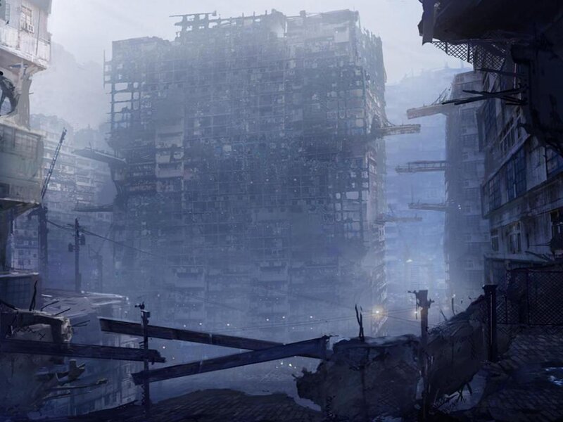 ruined cityscape in fog