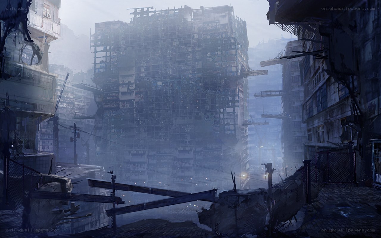 ruined cityscape in fog
