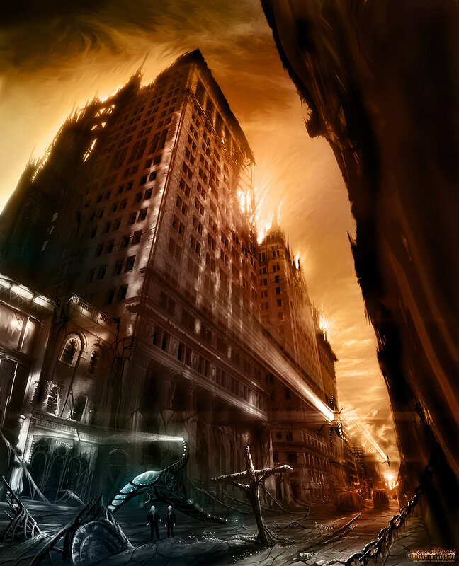 Ruined Cityscape — Orange, Apocalyptic, Night
