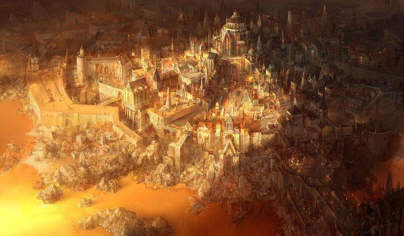 Ruined Cityscape — Orange, Dramatic, Sunset, Digital Art, Buildings, Debris