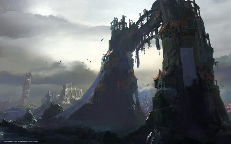 ruined cityscape under stormy sky