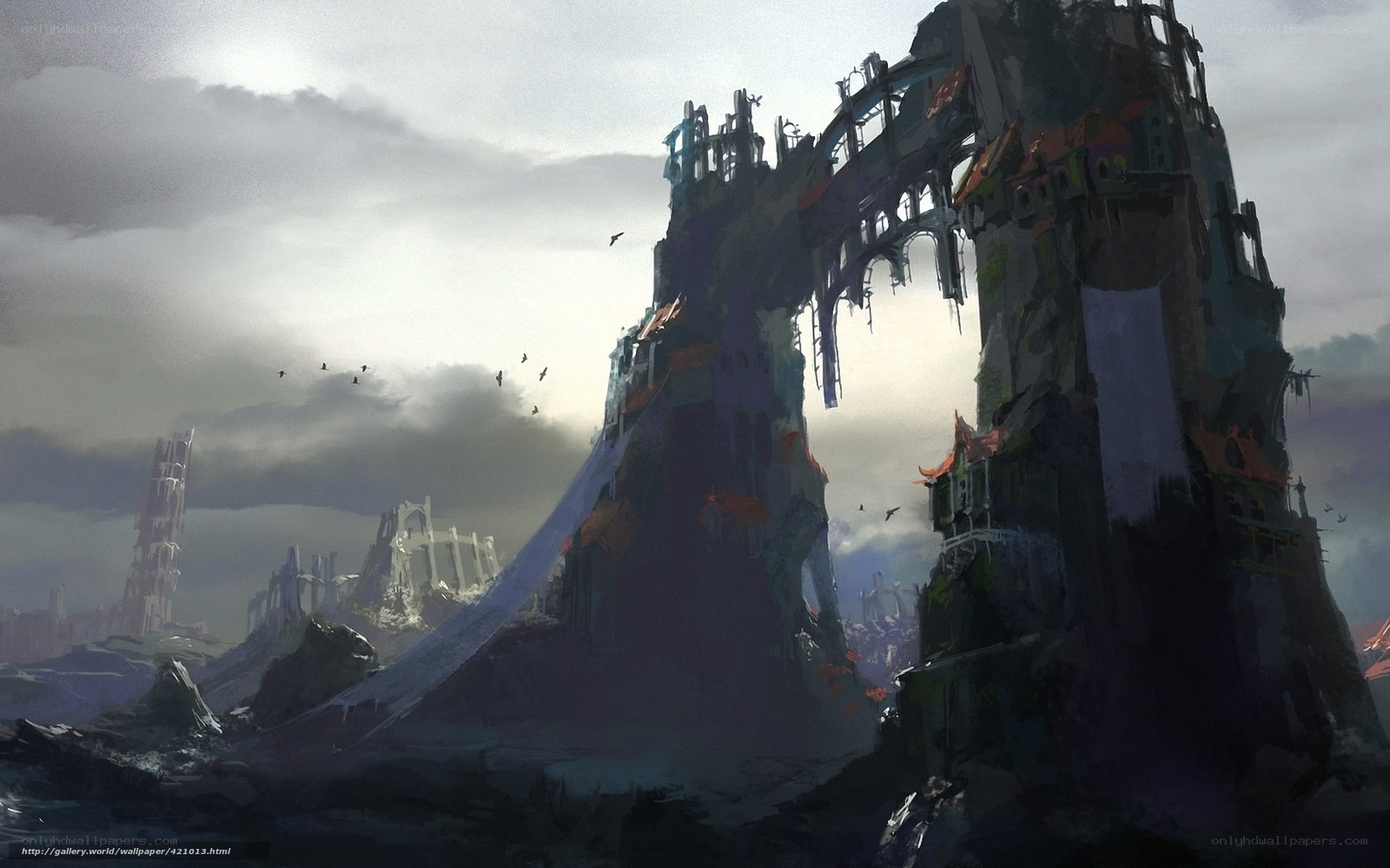 ruined cityscape under stormy sky