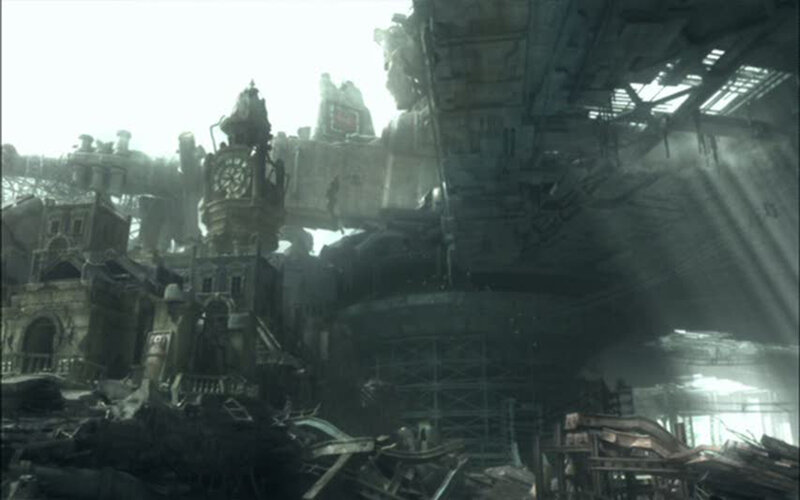ruined cityscape with clock tower