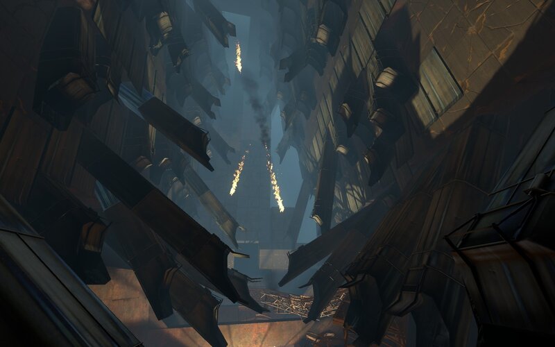 ruined cityscape with falling debris