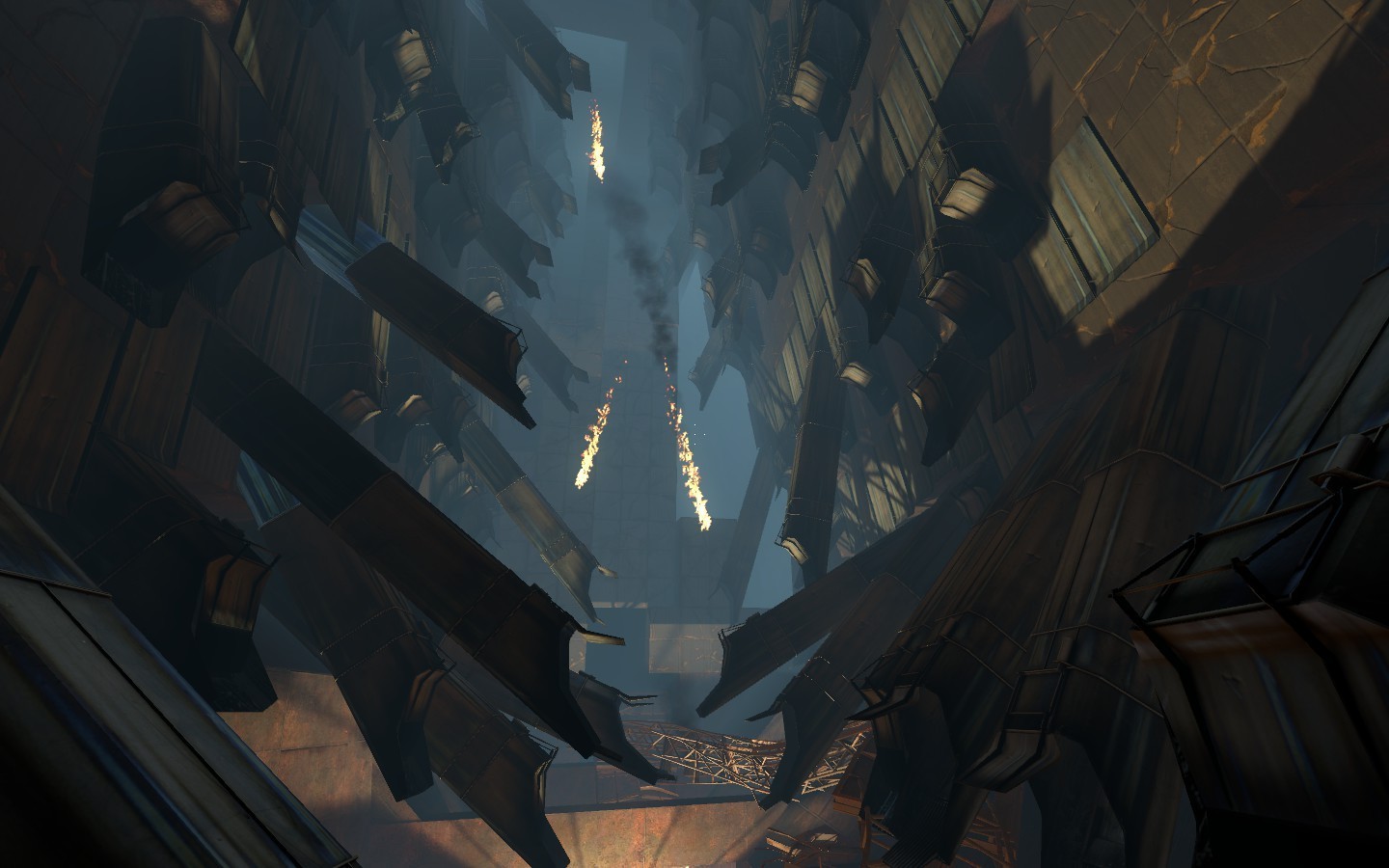 ruined cityscape with falling debris
