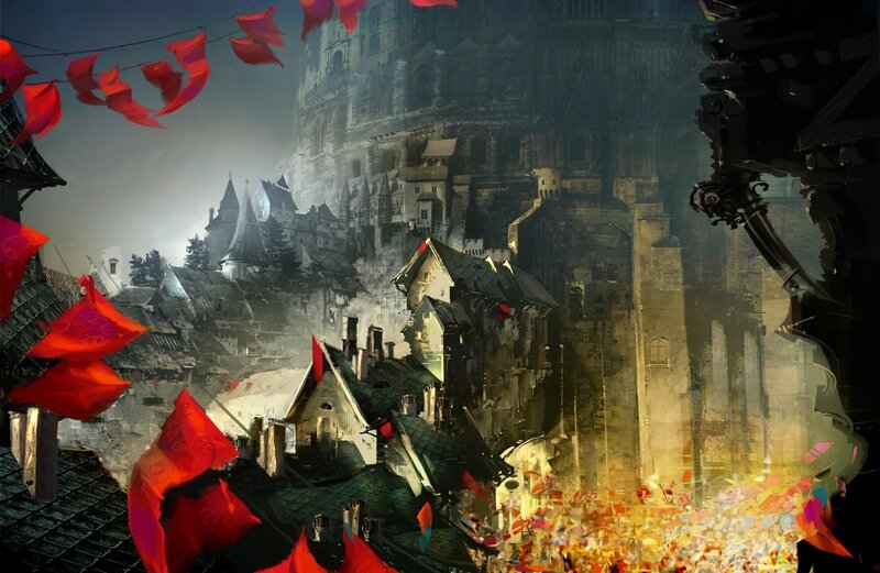 Ruined Cityscape with Flags