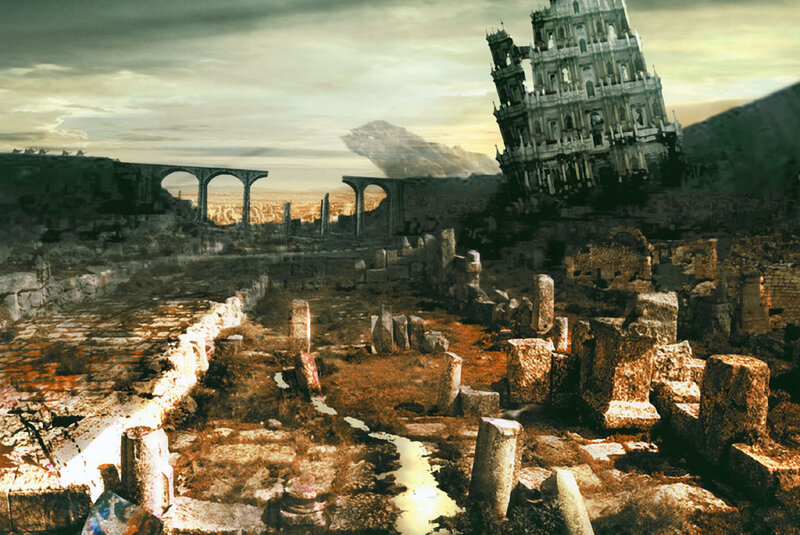 ruined cityscape with leaning tower