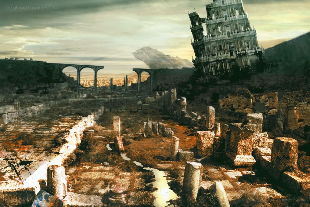 ruined cityscape with leaning tower