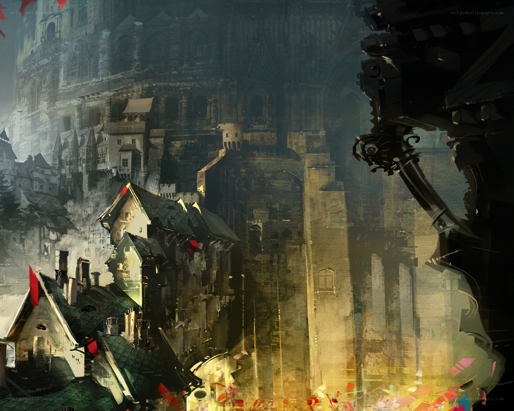 ruined cityscape with mechanical arm